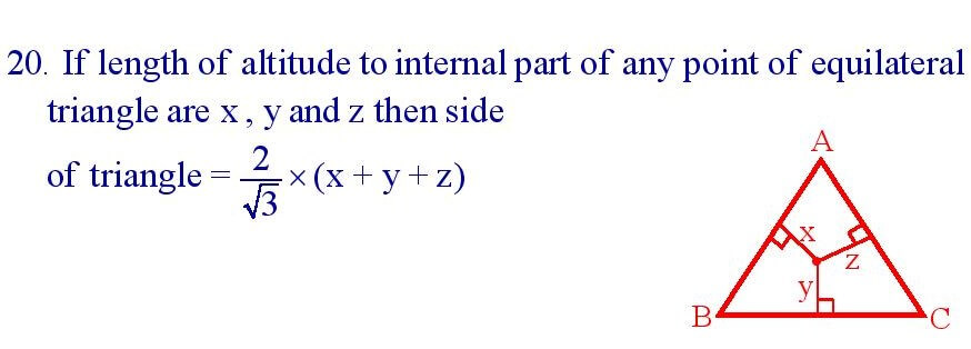 If length of altitude to internal part of any point of equilateral triangle are x, y and z then side of triangle