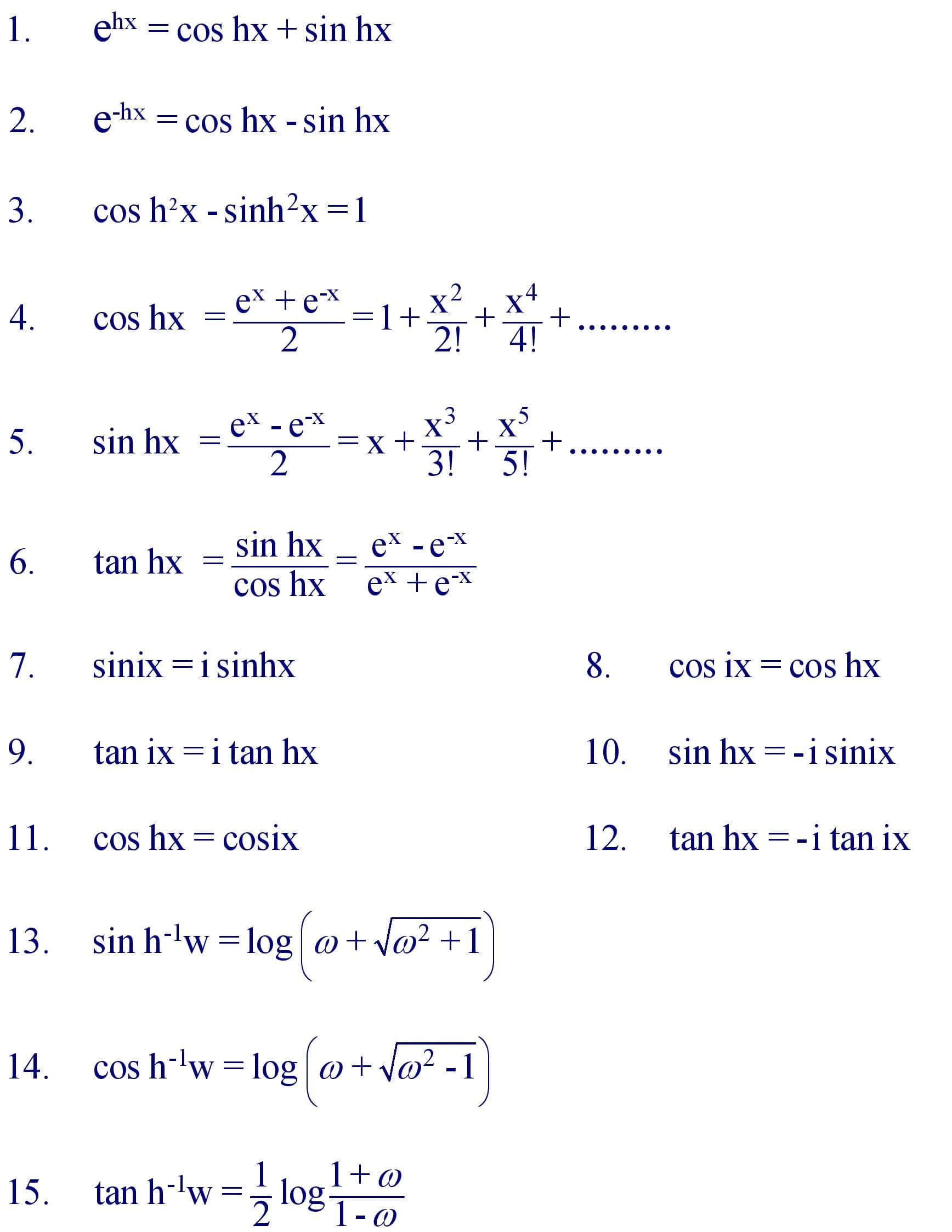 Hyperbolic function formula