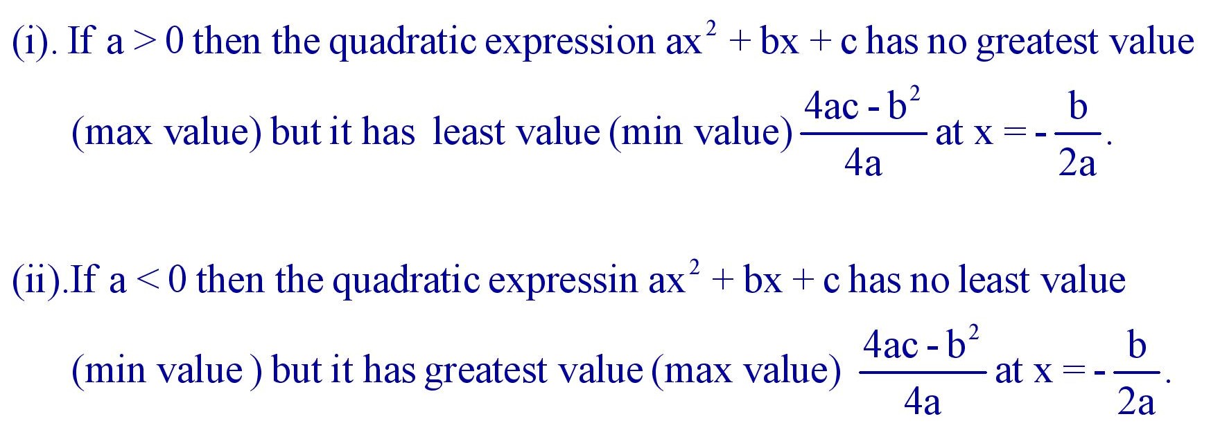 Maximum and minimum values of ax2 + bx + c = 0