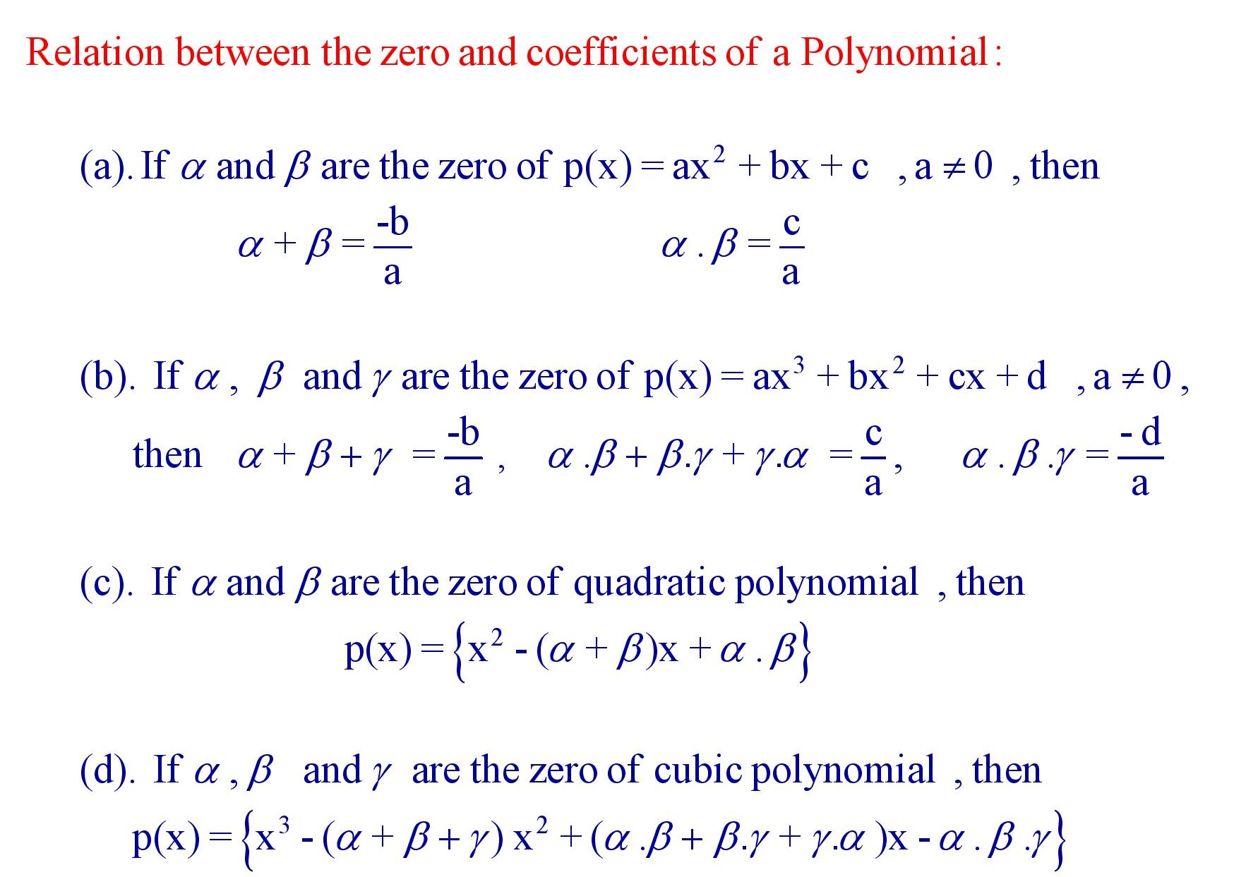 Relation between the zero and coefficients of a Polynomial