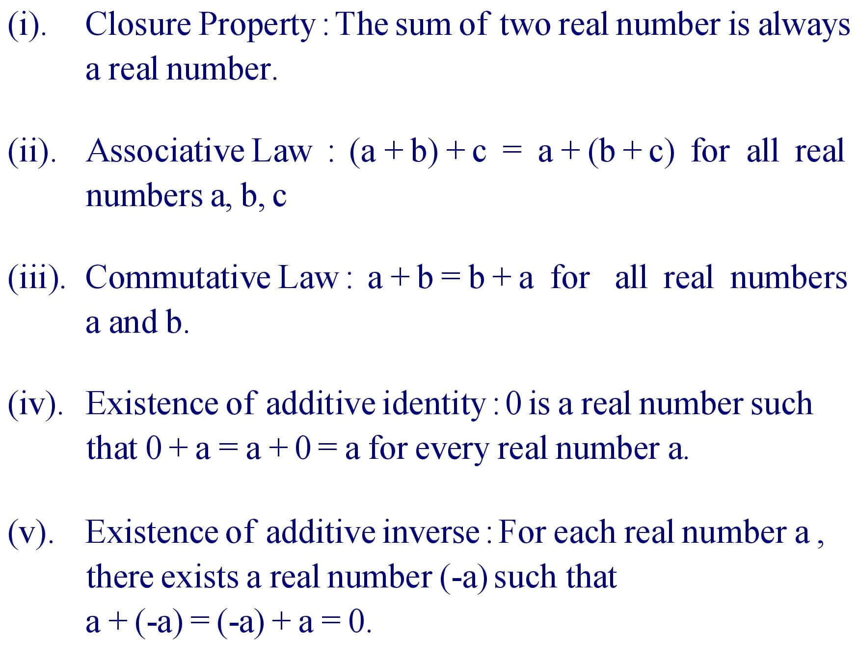 Addition properties of Real Numbers