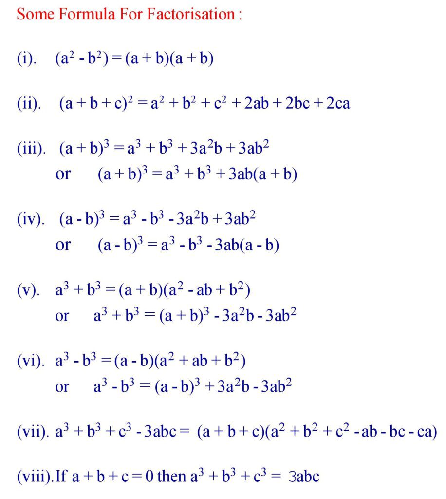 Factorisation Of Polynomials For 9th Class » Formula In Maths